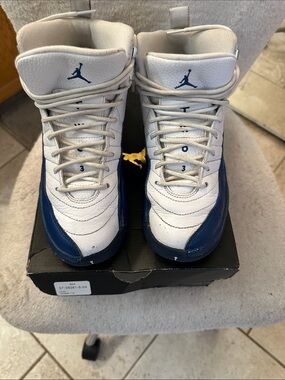 Size 6Y used Jordan 12 Kids White and Navy High-Top Sneakers